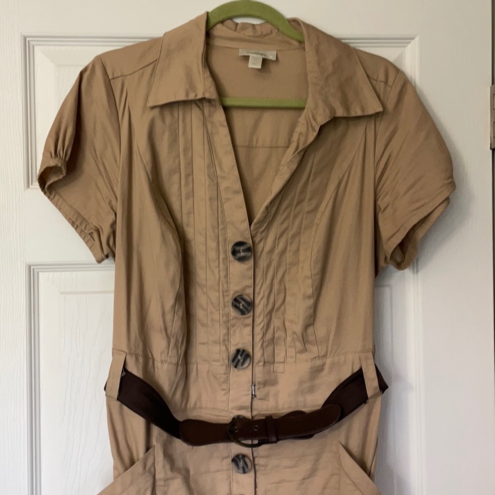 Dress Barn Beige Midi Shirt Dress with Dark Brown Belt